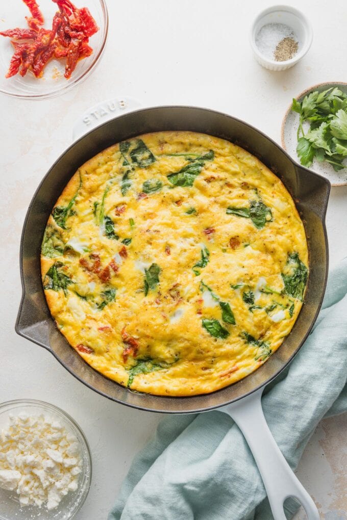 Baked Mediterranean frittata just pulled out of the oven.