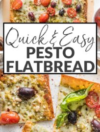 Crazy easy and packed with flavor, this Pesto Flatbread pizza has lots to love! We devour the fresh basil pesto, briny Kalamata olives, juicy tomatoes, and creamy mozzarella and Parmesan. And who doesn't enjoy a satisfying meal that takes just 5 minutes to toss together and 10 minutes to bake?