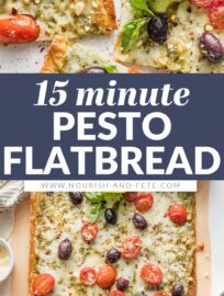 Crazy easy and packed with flavor, this Pesto Flatbread pizza has lots to love! We devour the fresh basil pesto, briny Kalamata olives, juicy tomatoes, and creamy mozzarella and Parmesan. And who doesn't enjoy a satisfying meal that takes just 5 minutes to toss together and 10 minutes to bake?