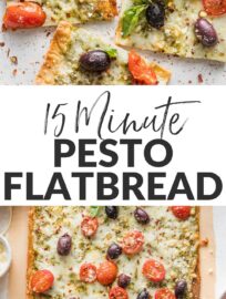 Crazy easy and packed with flavor, this Pesto Flatbread pizza has lots to love! We devour the fresh basil pesto, briny Kalamata olives, juicy tomatoes, and creamy mozzarella and Parmesan. And who doesn't enjoy a satisfying meal that takes just 5 minutes to toss together and 10 minutes to bake?