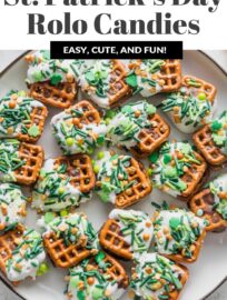 Super cute, super festive, and super easy, this Rolo Pretzel Candy is all dressed up for a simple St. Patrick's Day treat. These are so simple and fun to make for or with your kids!