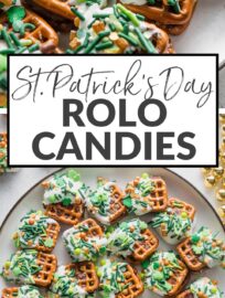 Super cute, super festive, and super easy, this Rolo Pretzel Candy is all dressed up for a simple St. Patrick's Day treat. These are so simple and fun to make for or with your kids!