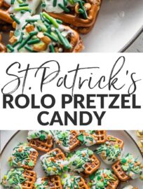 Super cute, super festive, and super easy, this Rolo Pretzel Candy is all dressed up for a simple St. Patrick's Day treat. These are so simple and fun to make for or with your kids!