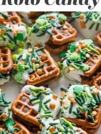 Super cute, super festive, and super easy, this Rolo Pretzel Candy is all dressed up for a simple St. Patrick's Day treat. These are so simple and fun to make for or with your kids!