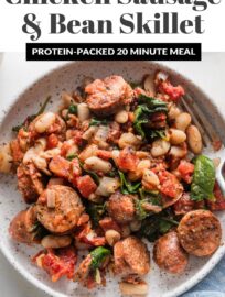 This one skillet meal of Chicken Sausage with White Beans, spinach, and sun-dried tomatoes is delicious, packed with protein, and ready in about 20 minutes. It's simple, hearty, and a great back-pocket recipe for those busy nights when you need a plan in a hurry.