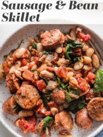 This one skillet meal of Chicken Sausage with White Beans, spinach, and sun-dried tomatoes is delicious, packed with protein, and ready in about 20 minutes. It's simple, hearty, and a great back-pocket recipe for those busy nights when you need a plan in a hurry.