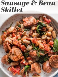 This one skillet meal of Chicken Sausage with White Beans, spinach, and sun-dried tomatoes is delicious, packed with protein, and ready in about 20 minutes. It's simple, hearty, and a great back-pocket recipe for those busy nights when you need a plan in a hurry.