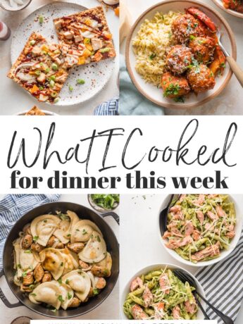 Collage image of BBQ chicken flatbreads, chicken meatballs with peppers and tomato sauce, a skillet dinner of sausage and pierogies, and bowls of salmon pesto pasta, with the overlay text: 