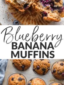 These simple Banana Blueberry Muffins are delightfully tender and positively bursting with gorgeous, juicy blueberries. They're also easy to whip up from everyday ingredients with either a stand mixer or by hand in one bowl. Among my favorite quick breakfasts and mid-day snacks!