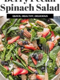 Delicious and vibrant, this Chicken Spinach Salad is dressed up with berries, pecans, and a sprinkle of feta, then wrapped up with an ultra-simple balsamic vinaigrette. Refreshing and satisfying!