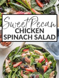 Delicious and vibrant, this Chicken Spinach Salad is dressed up with berries, pecans, and a sprinkle of feta, then wrapped up with an ultra-simple balsamic vinaigrette. Refreshing and satisfying!