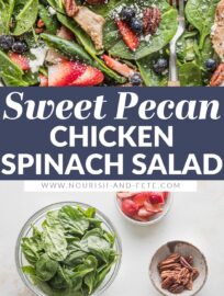 Delicious and vibrant, this Chicken Spinach Salad is dressed up with berries, pecans, and a sprinkle of feta, then wrapped up with an ultra-simple balsamic vinaigrette. Refreshing and satisfying!