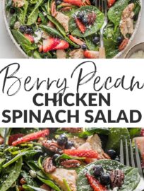 Delicious and vibrant, this Chicken Spinach Salad is dressed up with berries, pecans, and a sprinkle of feta, then wrapped up with an ultra-simple balsamic vinaigrette. Refreshing and satisfying!