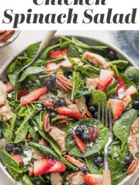 Delicious and vibrant, this Chicken Spinach Salad is dressed up with berries, pecans, and a sprinkle of feta, then wrapped up with an ultra-simple balsamic vinaigrette. Refreshing and satisfying!