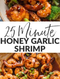 Count on this super simple Honey Garlic Shrimp Skillet when you need an ultra fast dinner with tons of flavor. Season and cook the shrimp in just 20 minutes, then serve over rice and steamed veggies for an easy dinner with gourmet taste.