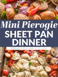 Tender Mini Pierogies mingle with a deliciously flavorful sauce, vibrant onion and pepper, and crisp chicken sausage for a 30 minute sheet pan meal that's almost completely hands-off. This is a life-saver for crazy busy nights when you just need dinner done fast!