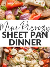 Tender Mini Pierogies mingle with a deliciously flavorful sauce, vibrant onion and pepper, and crisp chicken sausage for a 30 minute sheet pan meal that's almost completely hands-off. This is a life-saver for crazy busy nights when you just need dinner done fast!