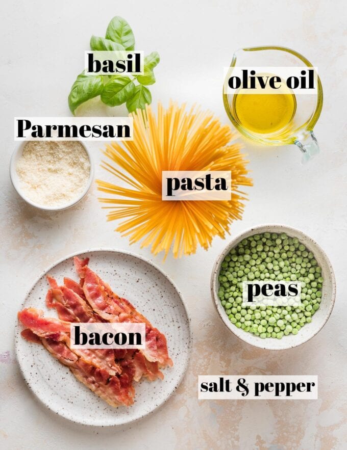 Labeled overhead photo of dried spaghetti, crisped bacon slices, frozen peas, olive oil, grated Parmesan cheese, and fresh basil leaves, all in prep bowls and ready to cook.