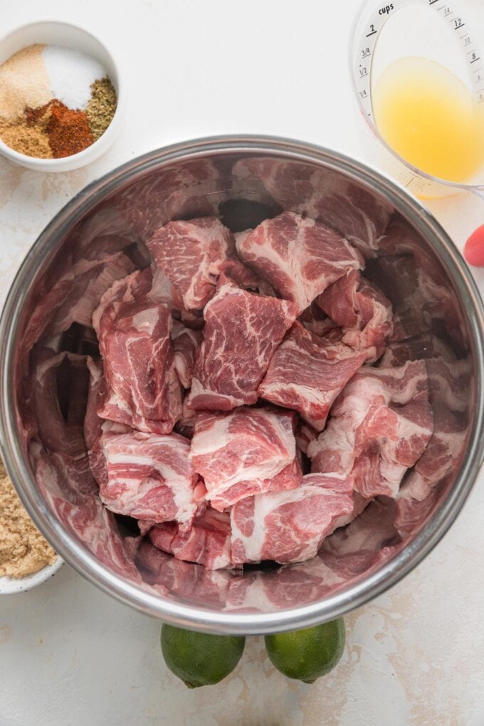 Cubed pork shoulder in an Instant Pot.