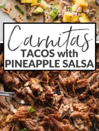 These Instant Pot Carnitas tacos are a meal to remember, packed with flavor and the most delightful mix of textures, from the tender, crispy-edged pork to the creamy avocado and fresh pineapple salsa. Make extra: the carnitas reheat beautifully for burrito bowls and salads all week long.