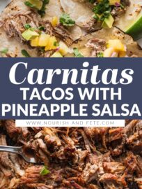 These Instant Pot Carnitas tacos are a meal to remember, packed with flavor and the most delightful mix of textures, from the tender, crispy-edged pork to the creamy avocado and fresh pineapple salsa. Make extra: the carnitas reheat beautifully for burrito bowls and salads all week long.