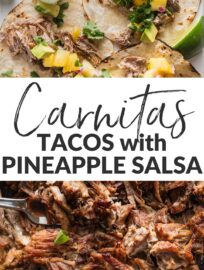 These Instant Pot Carnitas tacos are a meal to remember, packed with flavor and the most delightful mix of textures, from the tender, crispy-edged pork to the creamy avocado and fresh pineapple salsa. Make extra: the carnitas reheat beautifully for burrito bowls and salads all week long.