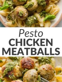 Pesto chicken meatballs are tender, flavorful, and extremely satisfying! They taste and vibe like a cozy supper but are ready in just about 30 minutes, with simple ingredients and minimal prep work. Packed with lean ground chicken, zippy basil pesto, tangy Parmesan, and sweet mild shallot, these meatballs are craved by adults and kids alike.