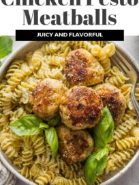 These Chicken Pesto Meatballs are juicy, flavorful, and easy to make! Serve them with pasta and sauce for a classic family dinner, or add them to a big bowl of greens and veggies for a nutritious, protein-packed lunch.