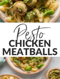 Pesto chicken meatballs are tender, flavorful, and extremely satisfying! They taste and vibe like a cozy supper but are ready in just about 30 minutes, with simple ingredients and minimal prep work. Packed with lean ground chicken, zippy basil pesto, tangy Parmesan, and sweet mild shallot, these meatballs are craved by adults and kids alike.