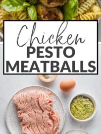 These Chicken Pesto Meatballs are juicy, flavorful, and easy to make! Serve them with pasta and sauce for a classic family dinner, or add them to a big bowl of greens and veggies for a nutritious, protein-packed lunch.