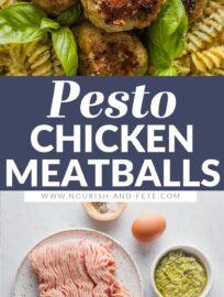 These Chicken Pesto Meatballs are juicy, flavorful, and easy to make! Serve them with pasta and sauce for a classic family dinner, or add them to a big bowl of greens and veggies for a nutritious, protein-packed lunch.