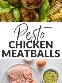 These Chicken Pesto Meatballs are juicy, flavorful, and easy to make! Serve them with pasta and sauce for a classic family dinner, or add them to a big bowl of greens and veggies for a nutritious, protein-packed lunch.