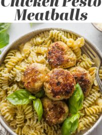 These Chicken Pesto Meatballs are juicy, flavorful, and easy to make! Serve them with pasta and sauce for a classic family dinner, or add them to a big bowl of greens and veggies for a nutritious, protein-packed lunch.