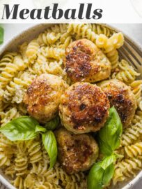 These Chicken Pesto Meatballs are juicy, flavorful, and easy to make! Serve them with pasta and sauce for a classic family dinner, or add them to a big bowl of greens and veggies for a nutritious, protein-packed lunch.