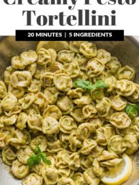 This simple and deliciously Creamy Pesto Tortellini is a dish you can toss together in just about 20 minutes yet feel great serving your family. It has a short list of ingredients and is a no-brainer to make, placing it forever among my favorite back-pocket recipes for busy weeknights.