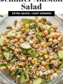 This extra quick and easy take on the viral Jennifer Aniston Salad is fresh, crunchy, and packed with flavor. With herbs, veggies, grains, and satisfying plant-based protein all tossed in a simple lemon dressing, this is a feel-good lunch to remember and enjoy all year long.