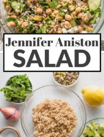 This extra quick and easy take on the viral Jennifer Aniston Salad is fresh, crunchy, and packed with flavor. With herbs, veggies, grains, and satisfying plant-based protein all tossed in a simple lemon dressing, this is a feel-good lunch to remember and enjoy all year long.