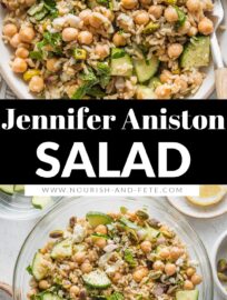 This extra quick and easy take on the viral Jennifer Aniston Salad is fresh, crunchy, and packed with flavor. With herbs, veggies, grains, and satisfying plant-based protein all tossed in a simple lemon dressing, this is a feel-good lunch to remember and enjoy all year long.