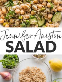 This extra quick and easy take on the viral Jennifer Aniston Salad is fresh, crunchy, and packed with flavor. With herbs, veggies, grains, and satisfying plant-based protein all tossed in a simple lemon dressing, this is a feel-good lunch to remember and enjoy all year long.
