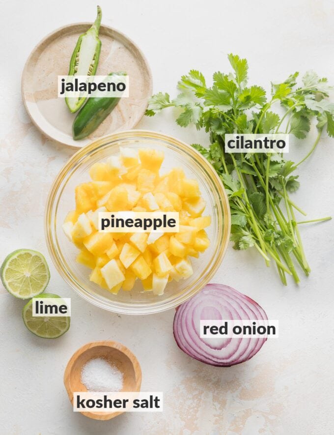 Labeled overhead photo of cubed pineapple, a jalapeno pepper, red onion, fresh cilantro, a fresh lime, and kosher salt.