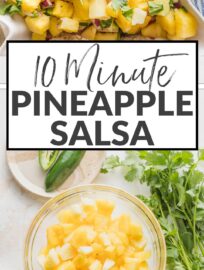 This fresh Pineapple Salsa is the perfect blend of sweet and spicy, with juicy pineapple bits, cilantro, red onion, jalapeño, and a pinch of salt and citrus for zest. A delicious and unexpected appetizer, it also makes a super topping for your next taco or burrito bowl night. Especially good with pork or shrimp!