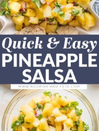 This fresh Pineapple Salsa is the perfect blend of sweet and spicy, with juicy pineapple bits, cilantro, red onion, jalapeño, and a pinch of salt and citrus for zest. A delicious and unexpected appetizer, it also makes a super topping for your next taco or burrito bowl night. Especially good with pork or shrimp!