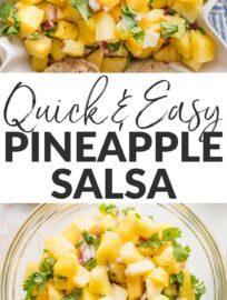 This fresh Pineapple Salsa is the perfect blend of sweet and spicy, with juicy pineapple bits, cilantro, red onion, jalapeño, and a pinch of salt and citrus for zest. A delicious and unexpected appetizer, it also makes a super topping for your next taco or burrito bowl night. Especially good with pork or shrimp!