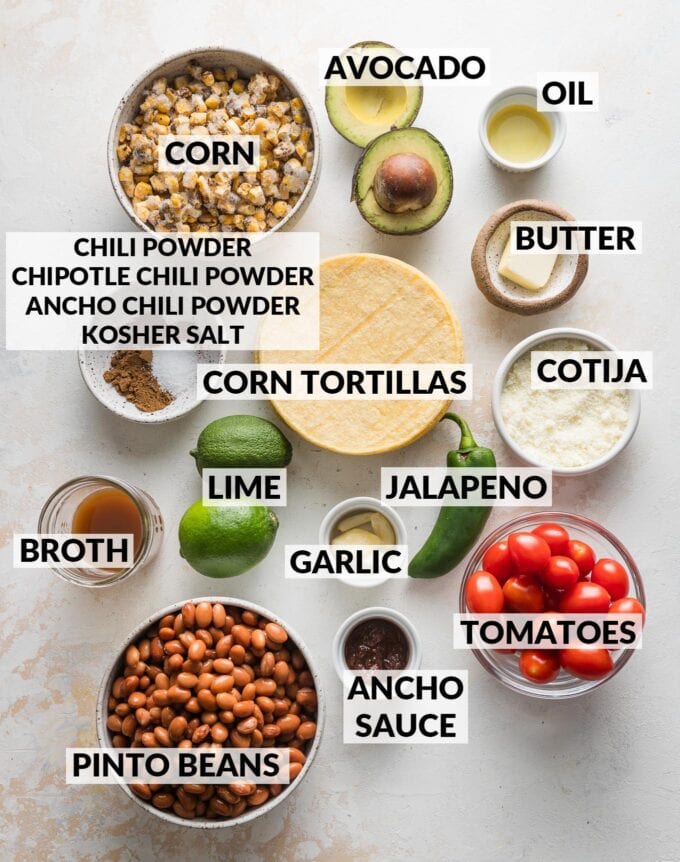 Labeled overhead photo of corn tortillas, corn, pinto beans, tomatoes, a whole avocado, oil, butter, Cotija, garlic, jalapeno, limes, ancho sauce, broth, and spices, all measured and ready to cook.