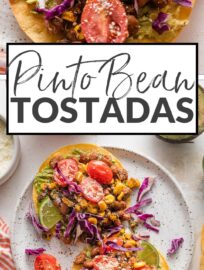 Pinto Bean Tostadas with the most delicious and vibrant street corn tomato salsa are one of my new favorite meatless meals and extra fun for entertaining! With creamy avocado, tender pinto beans, and a colorful salsa all layered on crisp, lightly salted homemade tostadas, these are an irresistible explosion of flavor and texture.