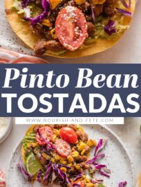 Pinto Bean Tostadas with the most delicious and vibrant street corn tomato salsa are one of my new favorite meatless meals and extra fun for entertaining! With creamy avocado, tender pinto beans, and a colorful salsa all layered on crisp, lightly salted homemade tostadas, these are an irresistible explosion of flavor and texture.