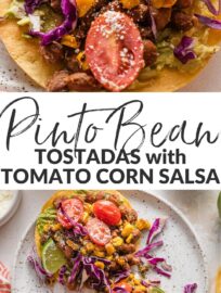 Pinto Bean Tostadas with the most delicious and vibrant street corn tomato salsa are one of my new favorite meatless meals and extra fun for entertaining! With creamy avocado, tender pinto beans, and a colorful salsa all layered on crisp, lightly salted homemade tostadas, these are an irresistible explosion of flavor and texture.