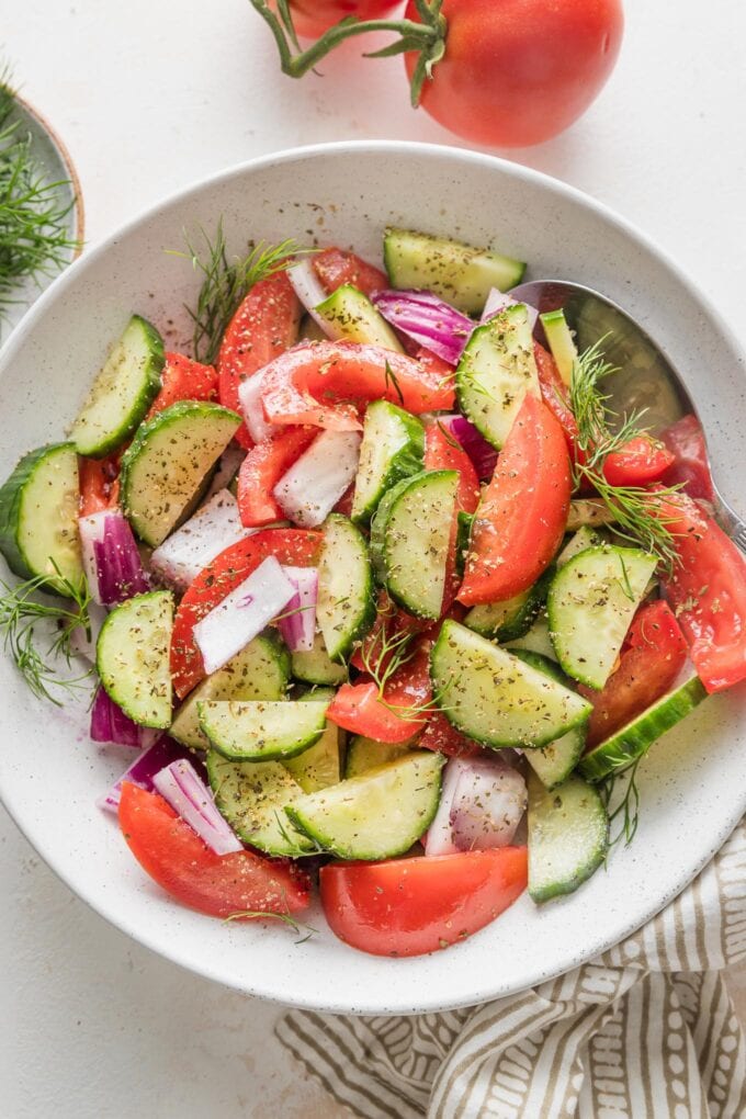 White bowl full of tomato cucumber salad with fresh dill and a red wine vinaigrette.