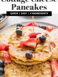 These super simple Cottage Cheese Pancakes use just 4 ingredients to make a delicious, satisfying breakfast — or breakfast for dinner! These are one of my favorite ways to get a high-protein meal into my kids, and they reheat beautifully, too.