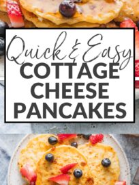 These super simple Cottage Cheese Pancakes use just 4 ingredients to make a delicious, satisfying breakfast — or breakfast for dinner! These are one of my favorite ways to get a high-protein meal into my kids, and they reheat beautifully, too.